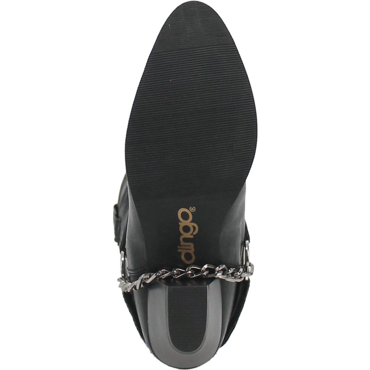 Dingo Olivia black pigskin ankle boots for women. Sleek design, rounded toe, and smooth black pigskin upper. Features ankle chain detail. Flat sole with ribbed traction and lined interior.
