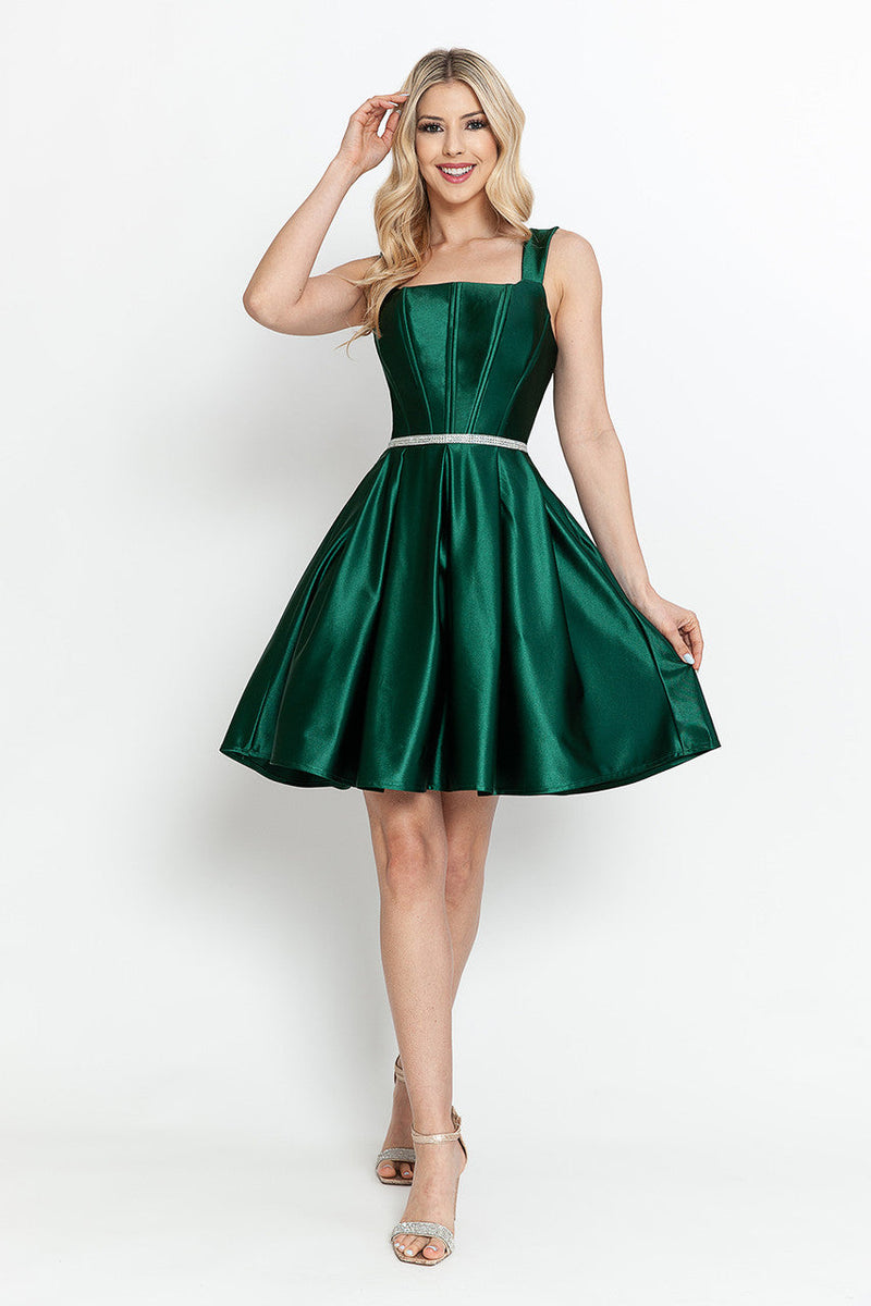 Short Sleeveless Satin A-Line Dress with Structured Bodice by Perrty 3071