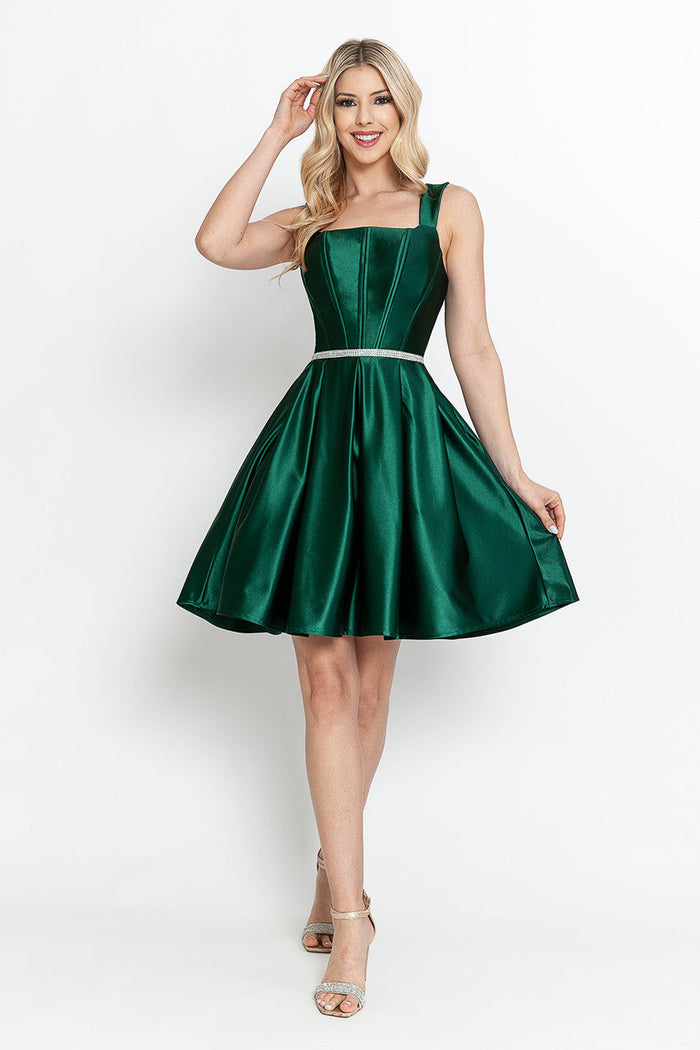 Short Sleeveless Satin A-Line Dress with Structured Bodice by Perrty 3071