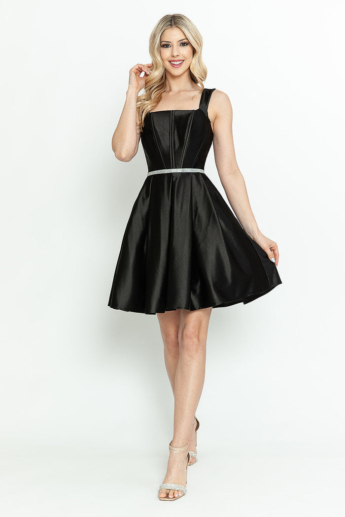 Short Sleeveless Satin A-Line Dress with Structured Bodice by Perrty 3071