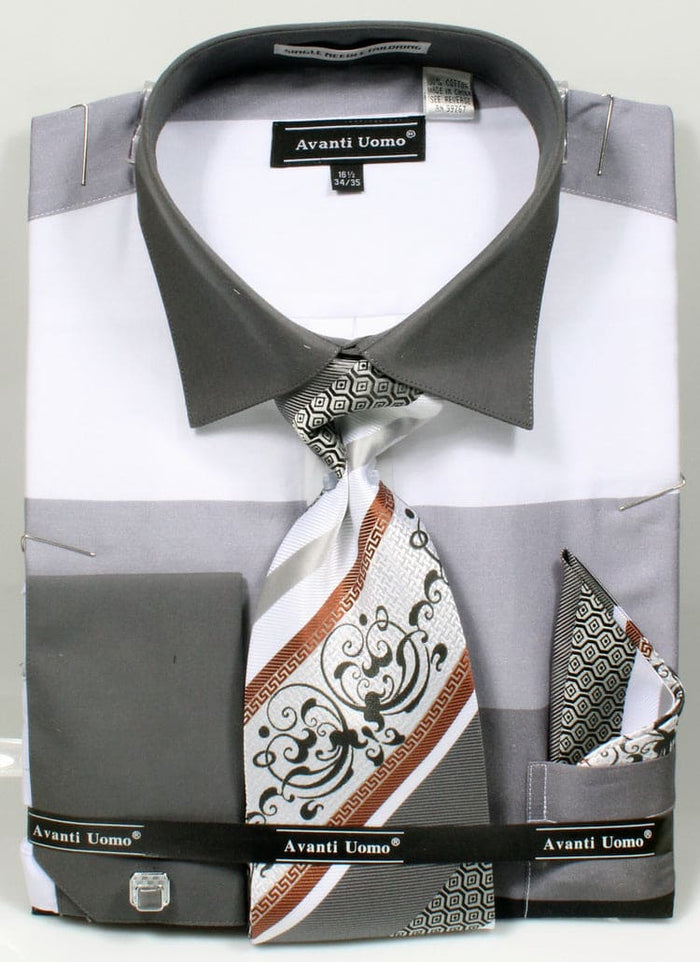"Men's Black Stripe French Cuff Dress Shirt Set with Tie & Hanky"