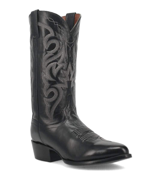 Dan Post Men's Milwaukee boot: Black leather with silver stitching. Tall shaft, pointed toe, and stacked heel for a structured look. Features pull tabs for easy wear.
