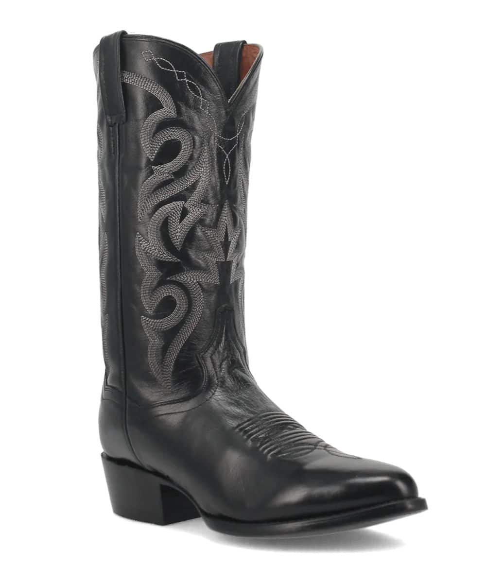 Dan Post Men's Milwaukee boot: Black leather with silver stitching. Tall shaft, pointed toe, and stacked heel for a structured look. Features pull tabs for easy wear.
