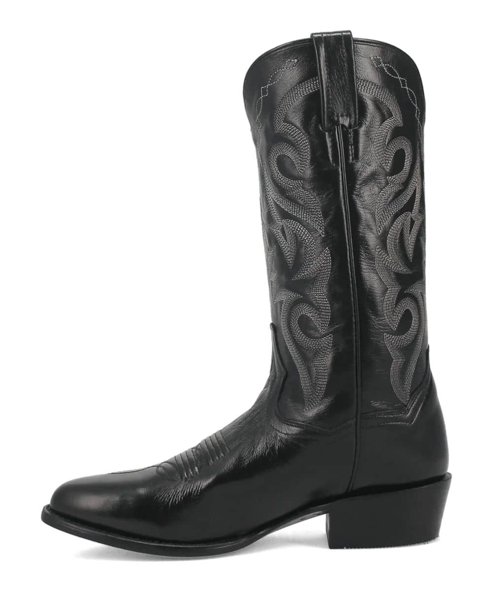 Dan Post Men's Milwaukee boot: Black leather western-style boot with pointed toe, slight heel, and tall, tapered shaft. Detailed stitching, smooth finish, and pull tab for easy wear.

