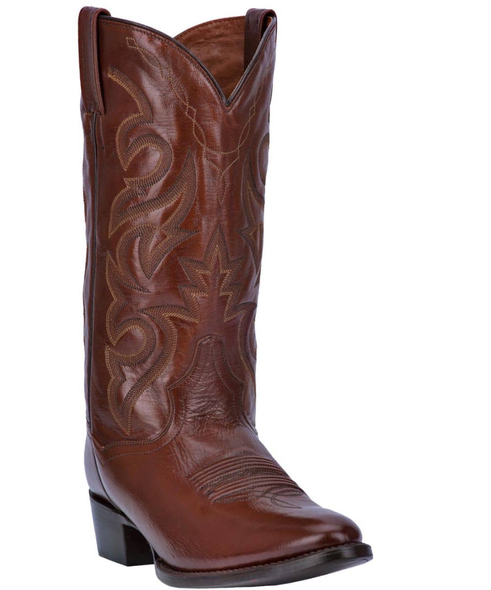 Dan Post Men's Milwaukee Boot: Tall leather boot with pointed toe & raised heel. Brown, with intricate shaft stitching & decorative swirls/floral motifs. Polished, distinct design.
