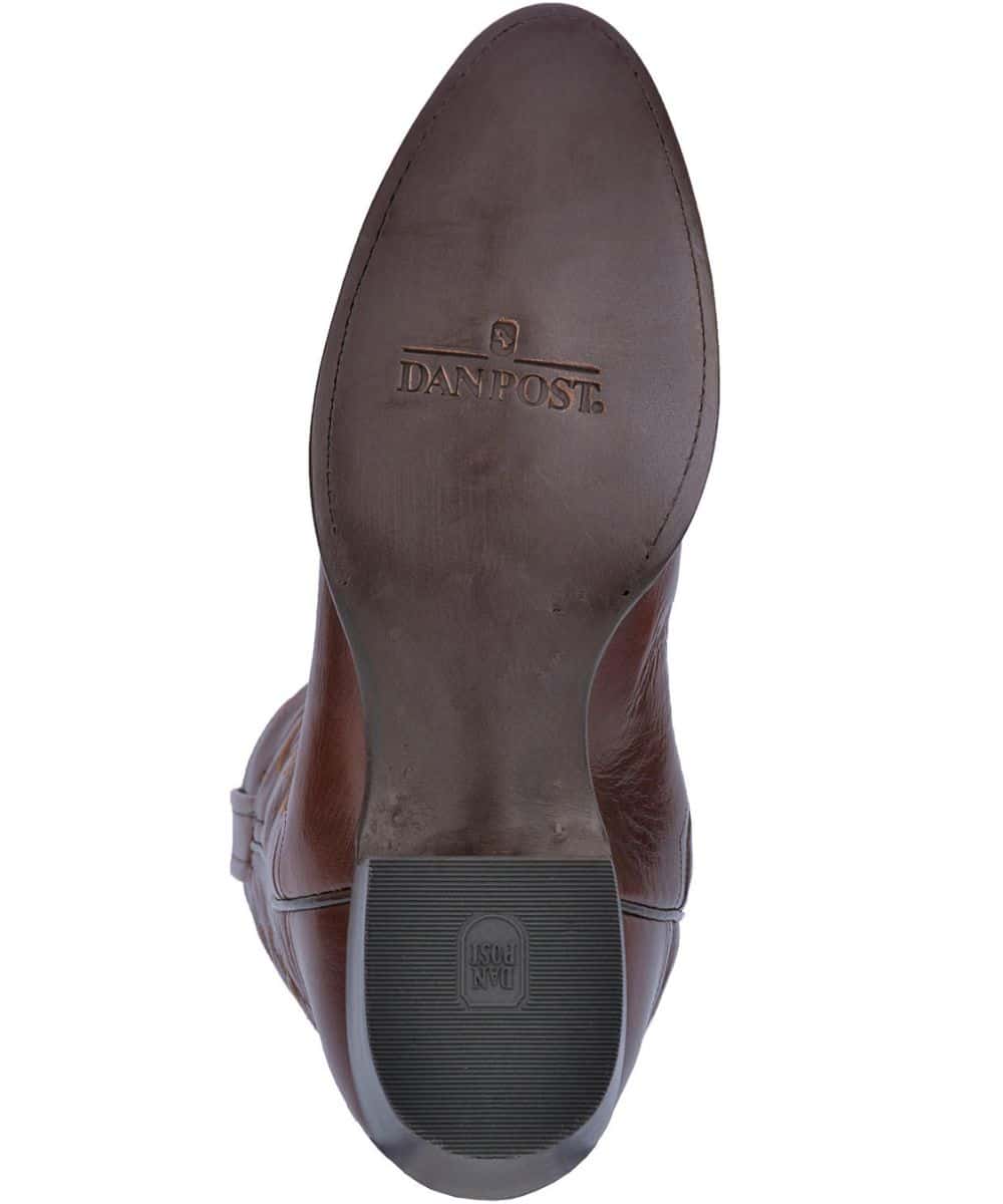 Dan Post Men's Milwaukee Boot: Dark brown leather, raised rounded toe, structured heel. Flat outsole with tread and brand logo on footbed for traction.
