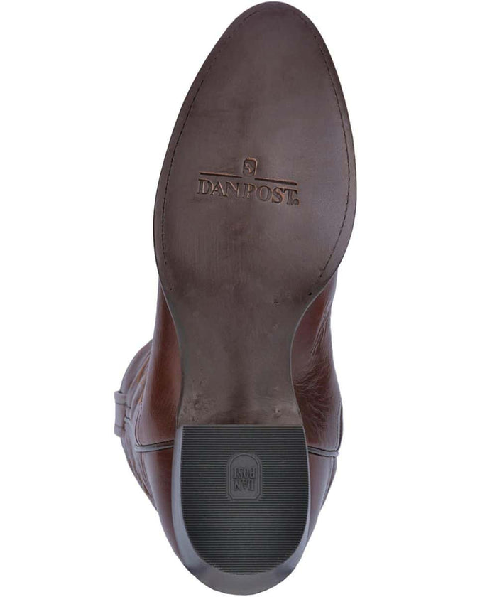 Dan Post Men's Milwaukee Boot: Dark brown leather, raised rounded toe, structured heel. Flat outsole with tread and brand logo on footbed for traction.
