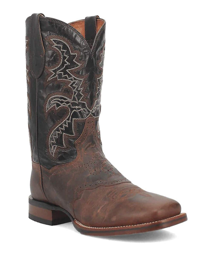 Dan Post Men's Franklin Boot: Dark brown leather, tall shaft, round toe, raised heel. Light stitching, intricate upper patterns, angular cuff design. Medium brown sole. Western-inspired silhouette.
