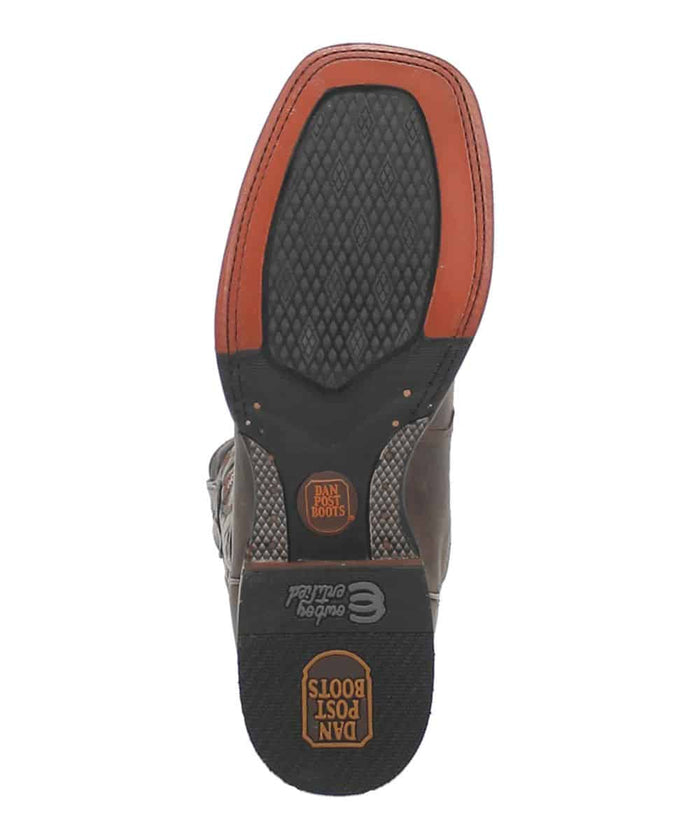 Dan Post Men's Franklin Boot: Brown leather upper with decorative stitching. Rubber outsole for grip. Contrasting reddish-brown heel border. Branded logo on heel.
