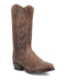 Dan Post Men's Manning Boot: Tall, narrow, pointed-toe with flared top. Brown, snakeskin-patterned leather upper with swirling white stitching. Stacked heel, leather sole.
