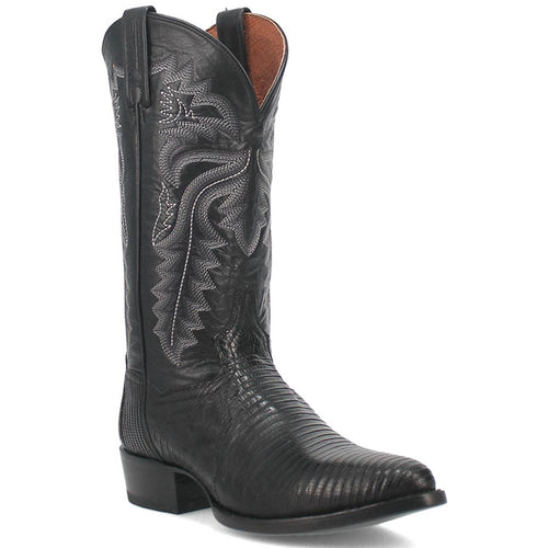 Dan Post Winston black cowboy boots: genuine lizard skin, round toe, tall shaft with detailed stitching. Glossy black finish. Slight heel for structured silhouette.
