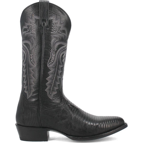 Dan Post Winston men's black cowboy boot. Genuine lizard skin, round toe. Tall shaft with intricate stitching. Western style, square toe, and elevated heel.
