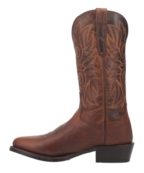 Dan Post Men's Cottonwood Boot: Rich brown leather, pointed toe, decorative stitching, and a slightly raised heel. Tall, tapered design with a reinforced back for added structure.
