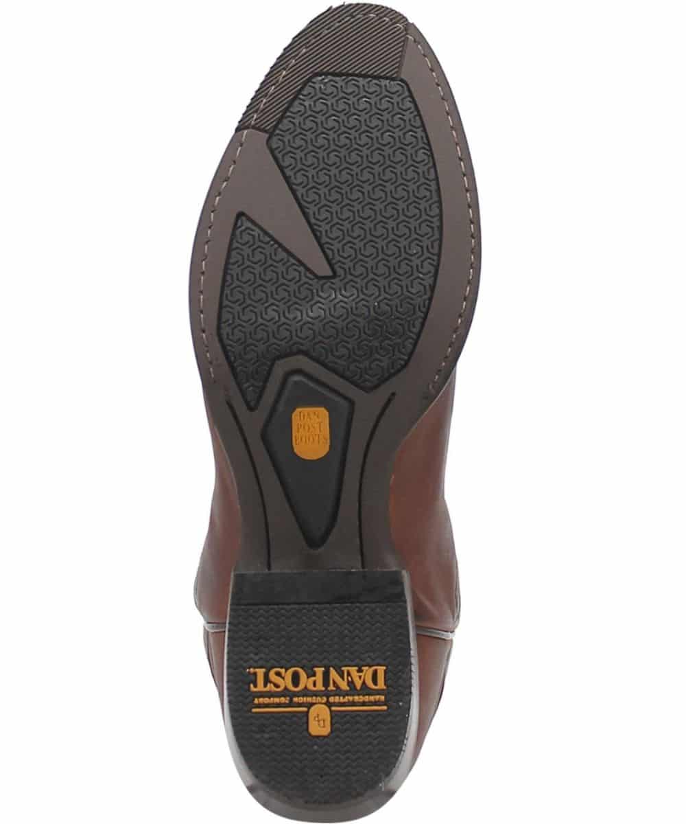 Dan Post Men's Cottonwood Boot: Brown leather upper with subtle stitching. Rubber sole with patterned tread for traction. Reinforced heel with brand name.
