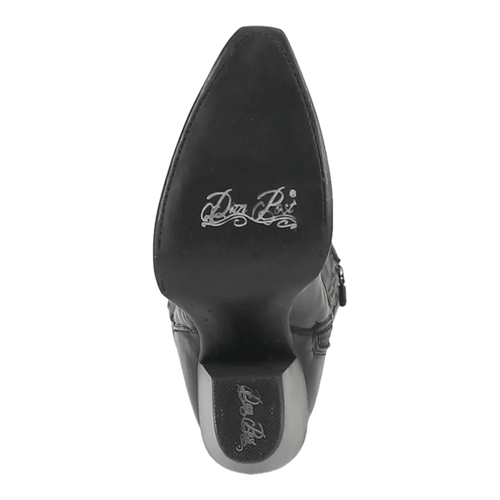 Dan Post Women's Jilted tall boots with snip toe. Black leather, polished finish, tapered heel, smooth sole with branding.
