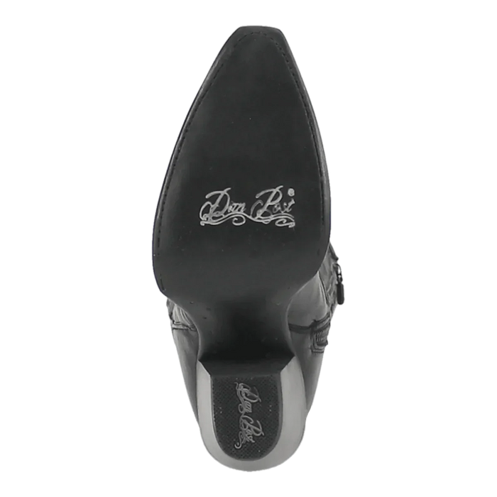 Dan Post Women's Jilted tall boots with snip toe. Black leather, polished finish, tapered heel, smooth sole with branding.
