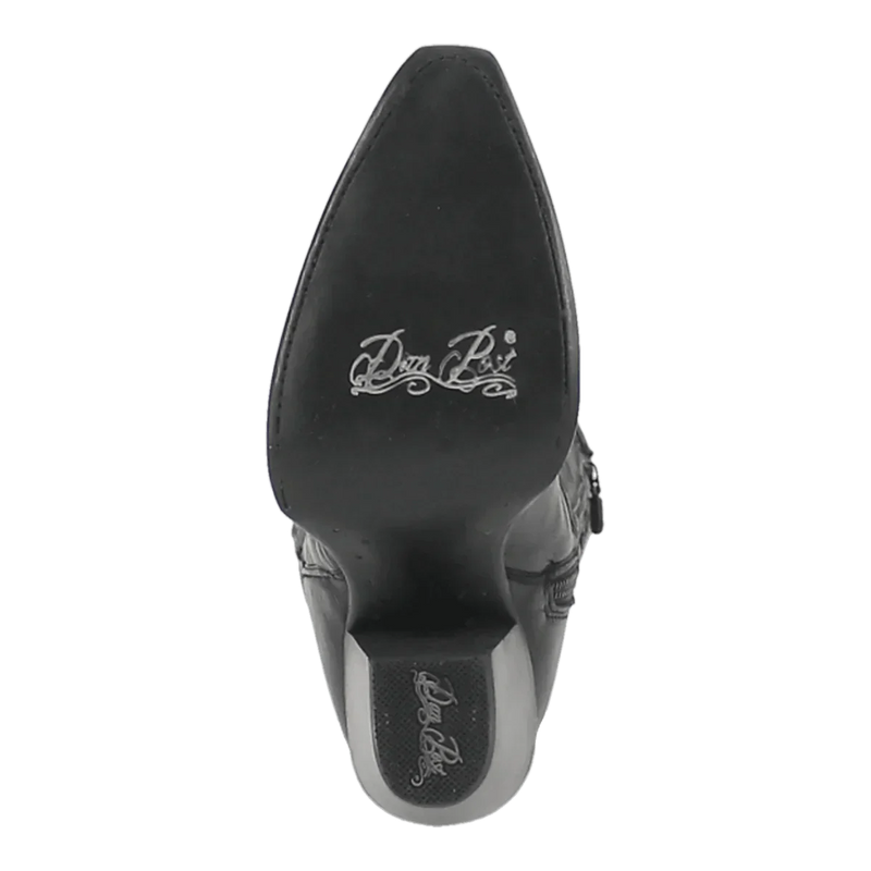 Dan Post Women's Jilted tall boots with snip toe. Black leather, polished finish, tapered heel, smooth sole with branding.

