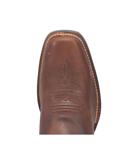 Dan Post Women's Tamara boot in brown. Pointed toe, leather construction with stitched patterns, including a floral design and contrasting stitching.
