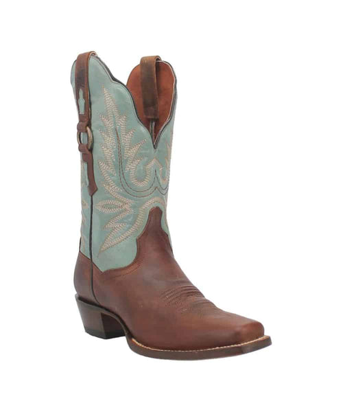 Dan Post Women's Tamara boot: light blue floral shaft, brown leather vamp. Cowboy boot style with pointed toe, slight heel, and pull straps for easy wear.
