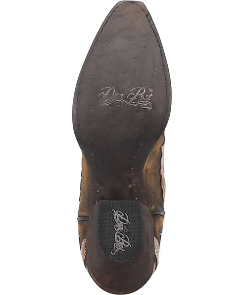 Dan Post Women's Indulgence leather boot: pointed toe, slight heel, rich brown leather upper. Leather sole with rubber heel cap, decorative stitching, and embossed logo.
