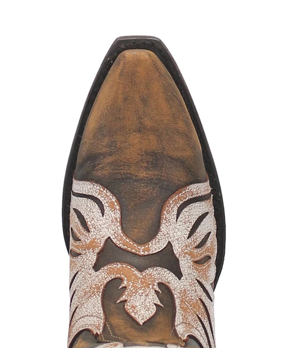 Dan Post Women's Indulgence boot. Distressed brown leather with a pointed toe & raised heel. Floral white stitching adorns the upper. Features contrasting brown hues for design detail.
