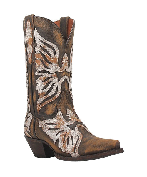 Dan Post Women's Indulgence boot: Distressed brown leather, tall shaft, pointed toe, angled heel. Intricate silver/light brown floral stitching. Classic Western shaft design with cutouts.
