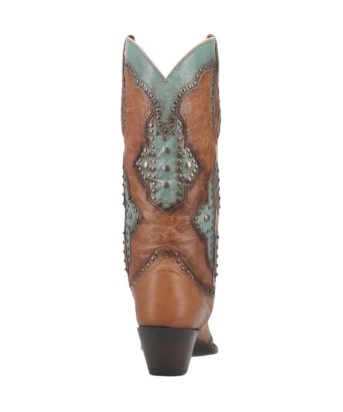 Dan Post Women's Taryn Boot: Tall Western style. Brown leather with turquoise accents and metal studs. Pointed toe, flared heel, and V-cut shaft for a structured, stylish look.

