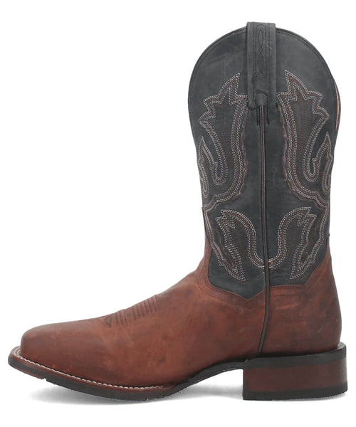Dan Post Men's Winslow Boot: Classic western boot with a tall silhouette and rounded toe. Black leather upper with detailed stitching and a brown vamp. Elevated, stacked heel.
