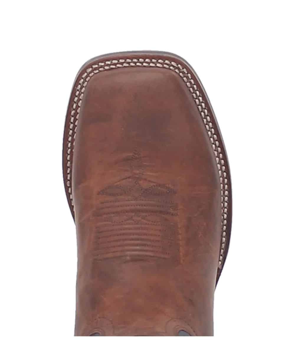 Dan Post Men's Winslow Boot: Brown leather, square toe, decorative stitching, and embossed shaft. Durable outsole with a curved heel. Stylish and structured western boot.
