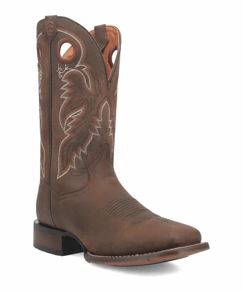 Dan Post Abram Western Boot. Dark brown leather, tall shaft, pointed toe, stacked heel. Intricate white stitching and decorative cutouts. Tan interior lining. Classic Western style.
