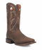 Dan Post Abram Western Boot. Dark brown leather, tall shaft, pointed toe, stacked heel. Intricate white stitching and decorative cutouts. Tan interior lining. Classic Western style.
