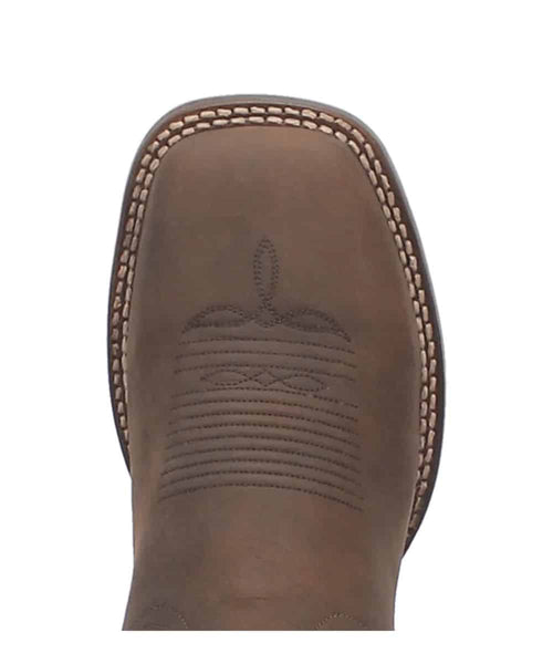 Men's Dan Post Abram Western Boot. Muted brown leather upper with embossed designs and rounded toe. Robust sole with contrasting stitching.

