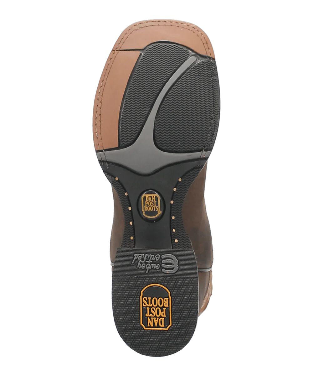 Dan Post Men's Abram Western Boot in dark brown leather. Features a rubber & leather sole with textured grip. Circular logo & decorative studs. Slightly curved heel for a classic western look.
