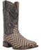 Dan Post Keaton Boot: Tall, rounded shaft with zigzag woven leather. Brown and black shades. Distressed leather top. Contrasting stitching and stacked heel.
