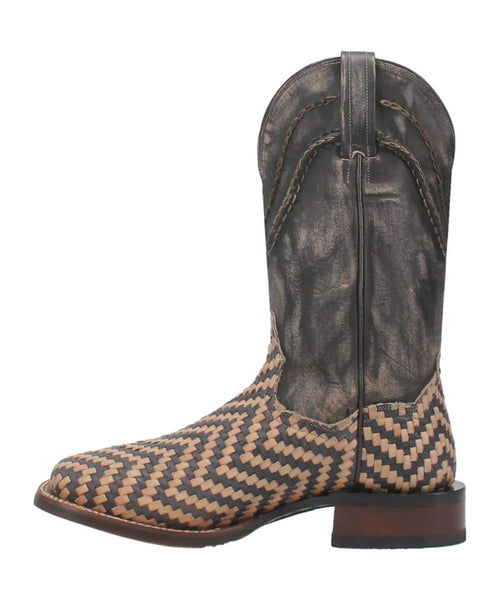 Dan Post Keaton Boot: Men's western boot with zigzag woven leather (tan/dark brown) and black shaft. Pointed toe, stacked heel. Subtle stitching detail.
