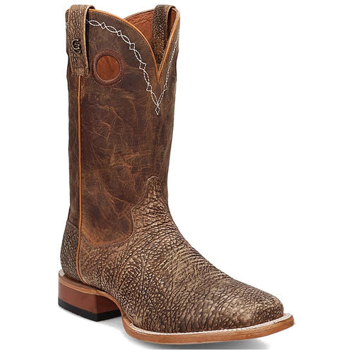 Dan Post Murray cowboy boots: Brown bison leather, square toe, rugged silhouette. Textured finish, decorative upper pattern, smooth leather sole with stacked heel.
