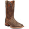 Dan Post Murray cowboy boots: Brown bison leather, square toe, rugged silhouette. Textured finish, decorative upper pattern, smooth leather sole with stacked heel.
