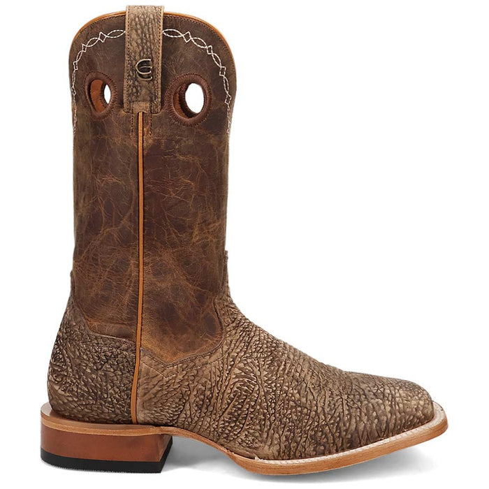 Dan Post Murray men's brown bison leather cowboy boots. Rugged western style with a square toe, textured brown leather, stacked heel, and pull-on design with side pull holes. Decorative stitching.
