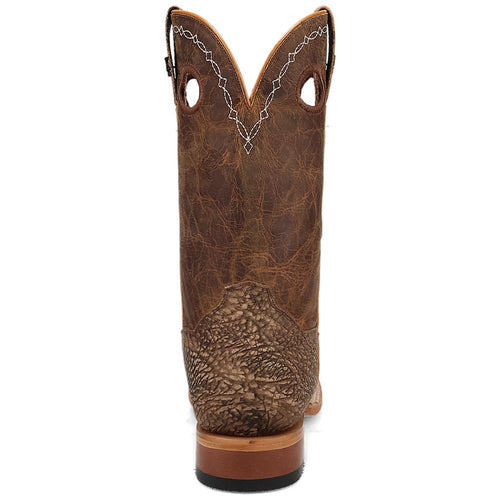 Dan Post Murray cowboy boots: Brown bison leather. Square toe. Decorative stitching. Pull holes. Wooden heel. Black sole.
