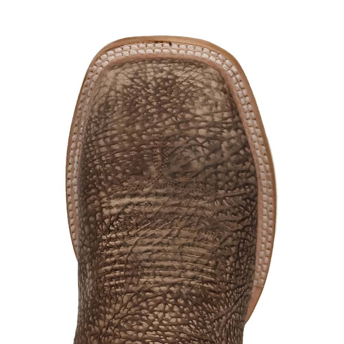 Dan Post Murray men's brown bison leather cowboy boots. Rugged square toe with textured brown leather. Contrasting light stitching details the edges.
