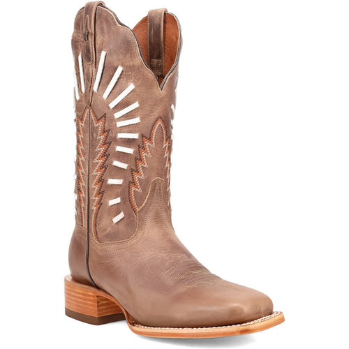 Dan Post Lacey women's tan leather cowboy boots. Square toe, mid-calf height, decorative stitching & cut-outs. Smooth tan leather, stacked heel. White & brown accents. Western style.
