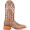 Dan Post Lacey women's tan leather western boot. Square toe design with stitching and cut-out patterns. Features a stacked wooden heel and smooth leather finish.
