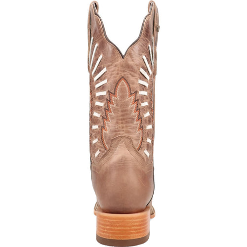 Dan Post Lacey women's tan leather cowboy boots. Square toe, tan leather, intricate shaft stitching, pointed yoke with cutouts, decorative layered pattern, and low heel with light wood finish.
