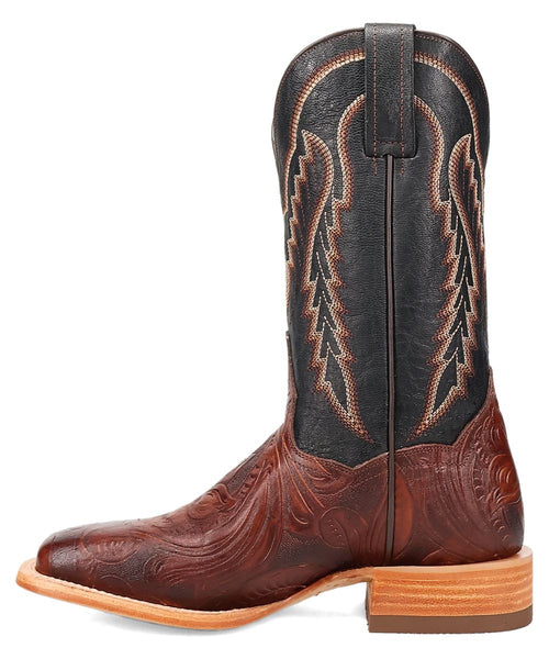 Dan Post Layla Women's Boot: Tall black & dark brown leather shaft. Zigzag pattern with contrasting stitching. Pointed toe, stacked heel. Leather construction with detailed floral design.
