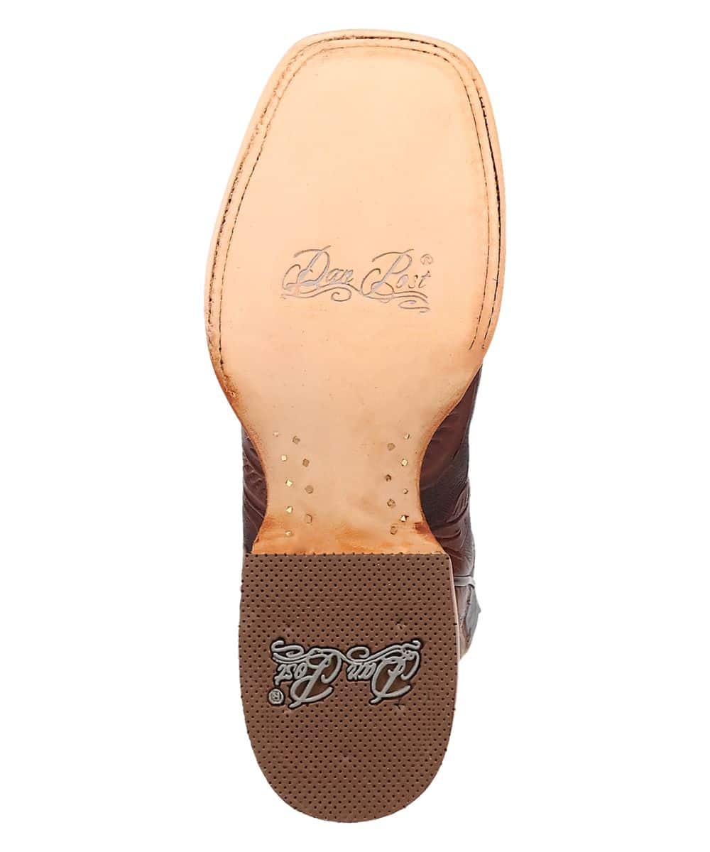 Dan Post Layla women's boot. Leather upper, pointed toe, mid-calf height, stacked heel. Leather/rubber sole with logo. Stylish and durable.
