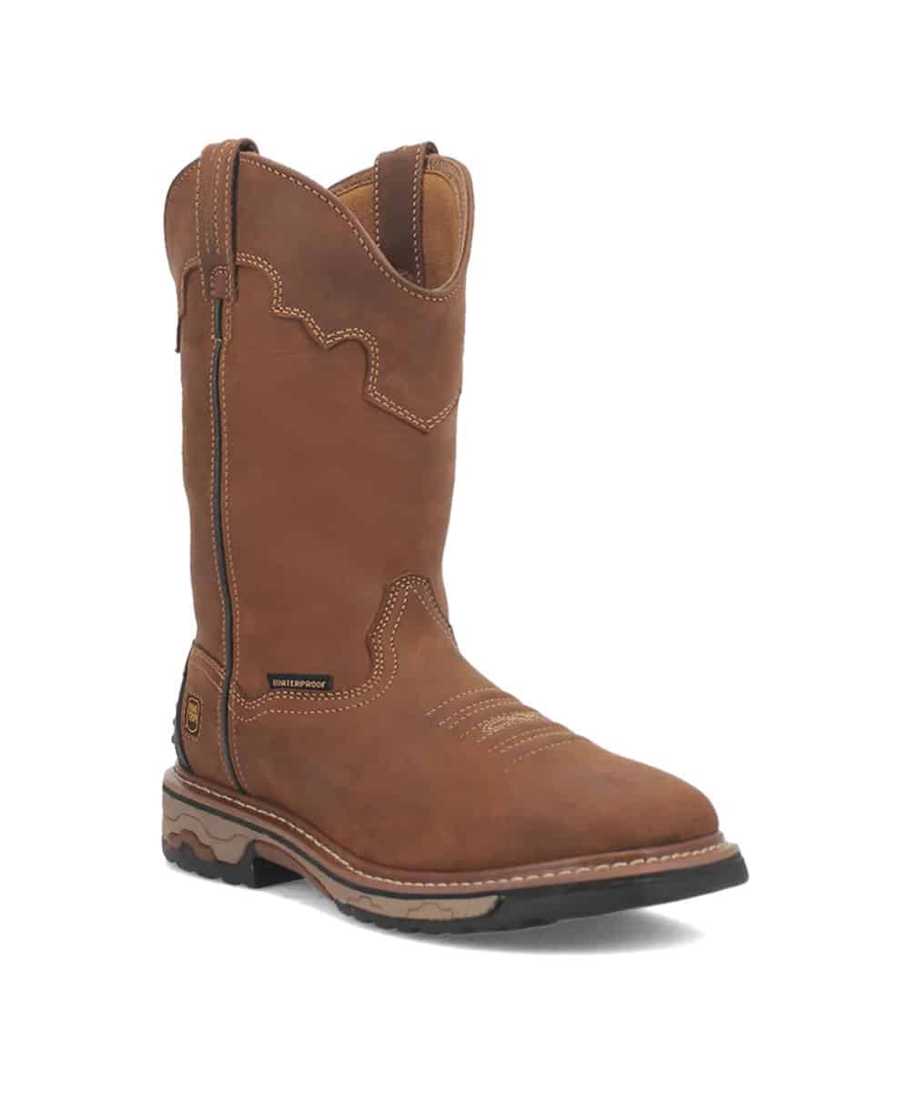Dan Post Men's Blayde Work Boot: Tall brown leather boot with a rounded upper, subtle stitching, and side zipper. Features a slightly elevated heel and a structured brown rubber sole.
