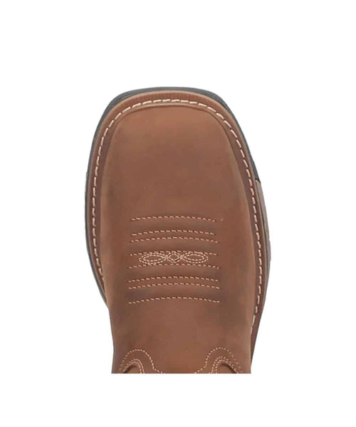 Dan Post men's Blayde work boot: dark tan leather, rounded toe, visible stitching. Decorative upper stitching. Contrasting dark rubber outsole. Stylish and functional work boot.
