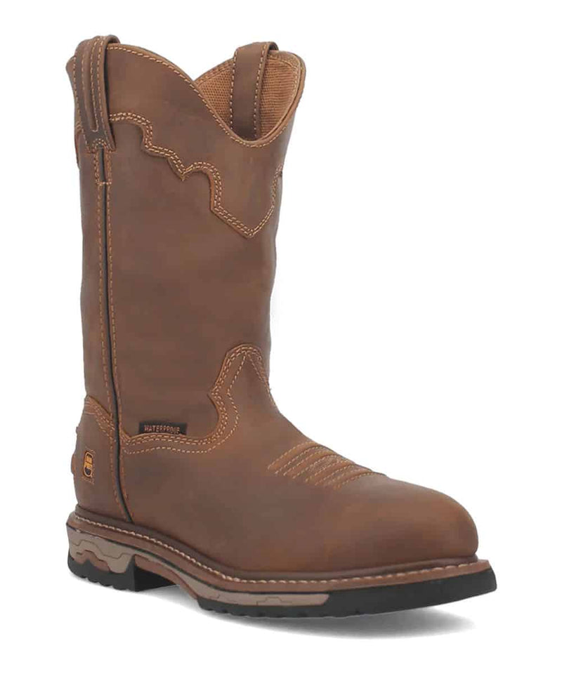 Dan Post Men's Journeyman Work Boot: Waterproof, brown leather with decorative stitching, reinforced toe, and pull-on loops. Features a rubber outsole and waterproof label.
