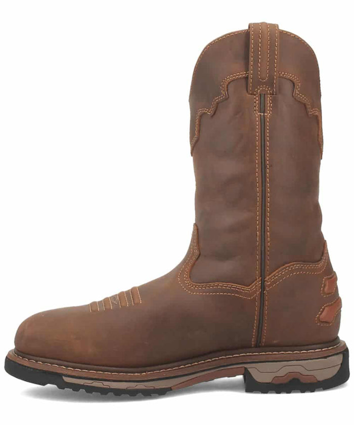 Dan Post Men's Journeyman Work Boot: Waterproof, dark brown leather. Tall shaft, rounded toe, prominent heel. Light stitching, scalloped upper, decorative lines. Rubber sole with textured tread for grip and stability.
