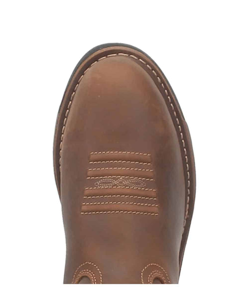 Dan Post Men's Journeyman Work Boot: Waterproof, brown leather. Rounded toe, prominent vamp stitching. Tapered shaft with pull holes for easy wear. Robust construction for durability and an organized look.
